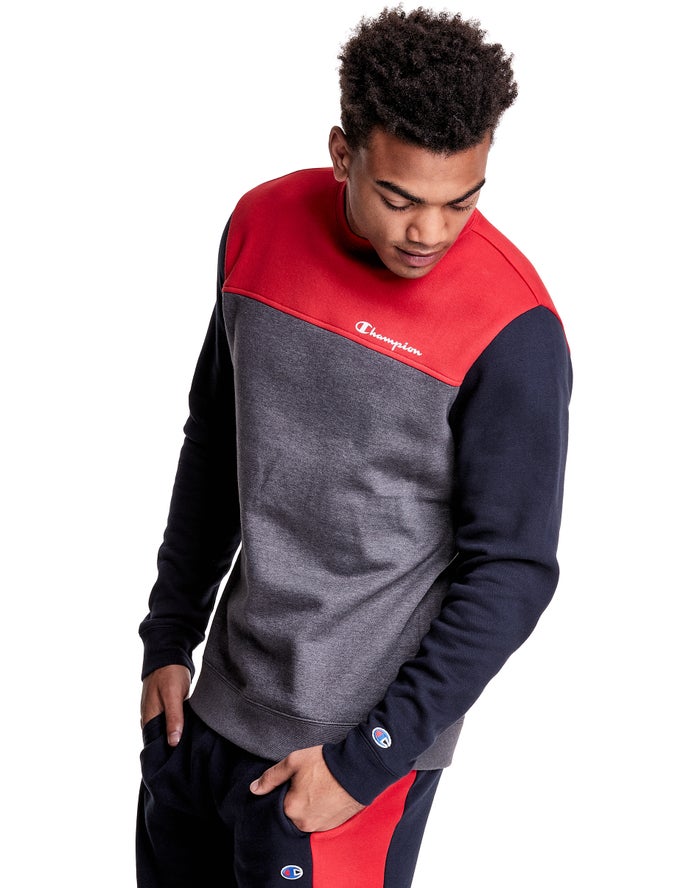 Hanorac Champion Colorblock Fleece Crew Barbati Gri/Rosii - Romania QGREKXJ-84